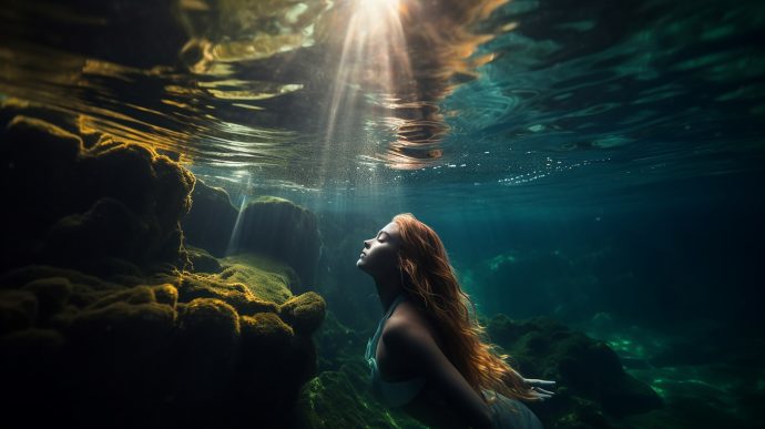 水中からまだ見ぬ世界への思いを馳せる人魚の写真