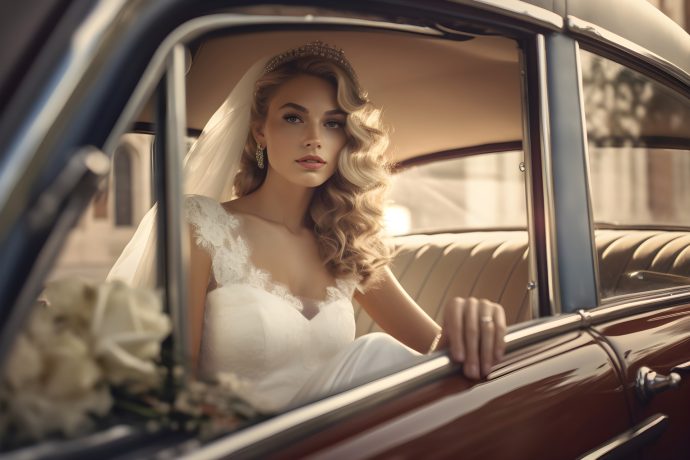 ブライダルカーに乗った花嫁の写真