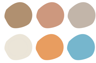 おすすめネイルカラーの紹介画像。左上からブラウン、スモークピンク、グレー、アイボリー、橙、水色