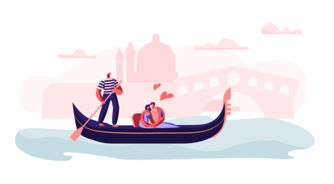 イラスト：ヴェネツィアの運河をゴンドラで進む夫婦