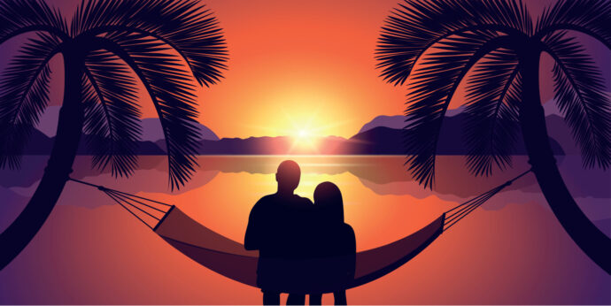 イラスト：夕焼けの海辺のハンモックに腰掛けるカップル