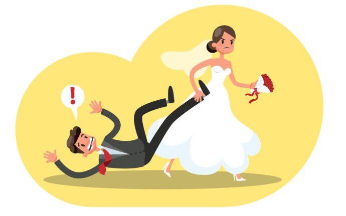 イラスト：花婿を引きずってずんずんと歩く花嫁