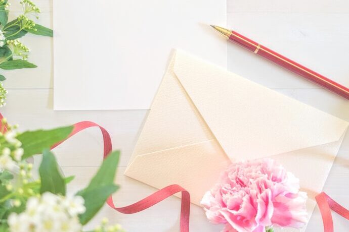 画像：白い便せんとコーラルピンクの封筒、ピンクのカーネーション