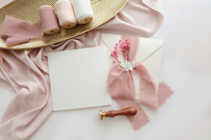 画像：ピンクのオーガンジーリボンと白い蝋とピンクのリボンで封がなされた招待状の封筒