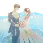 画像：青いバラの上で見つめ合う男女の電報のアップ