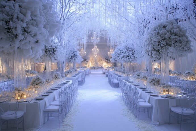 画像：雪の積もった森のような装飾コーディネートの披露宴会場