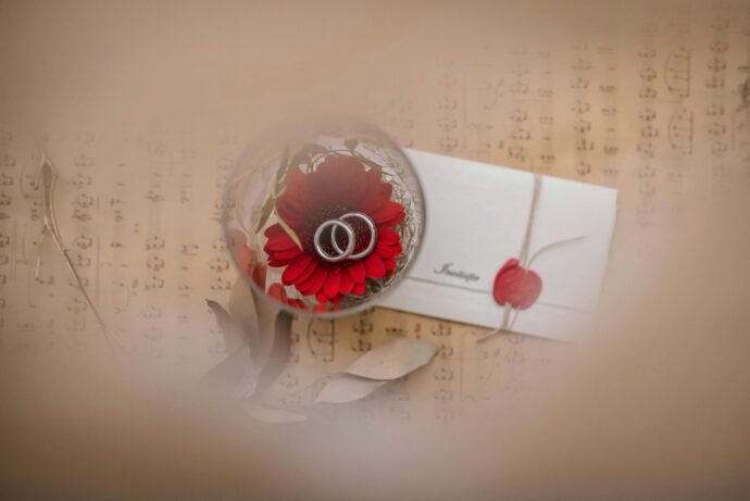 画像：アンティークな楽譜の上に置かれた赤いバラと手紙と結婚指輪