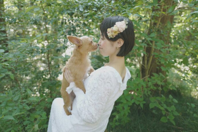 画像：チワワを抱っこするウエディングドレス姿の女性