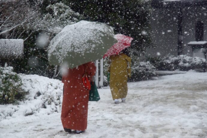 画像：雪のなか傘を差し着物で進む女性二人