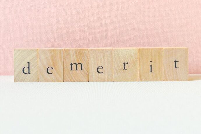 画像：demeritと書かれた木のブロック