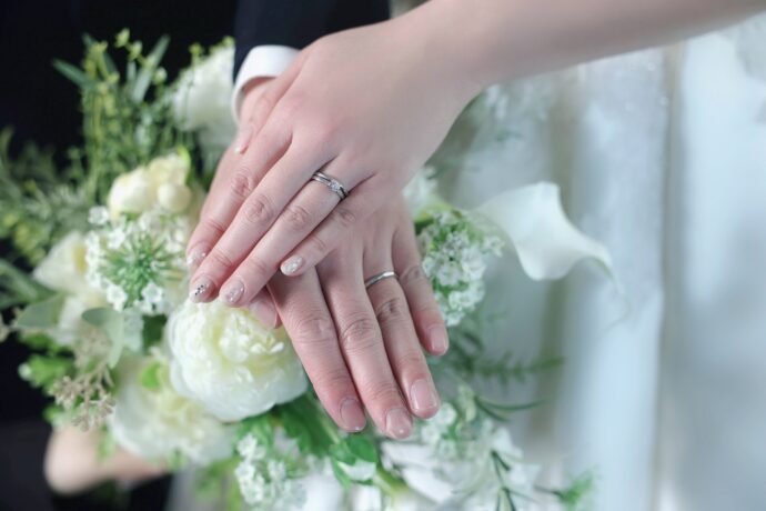 画像：指輪を着けた手を重ねる新郎新婦